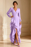 Load image into Gallery viewer, Purple V Neck Asymmetrical Ruffled Mother of the Bride Dress with Slit