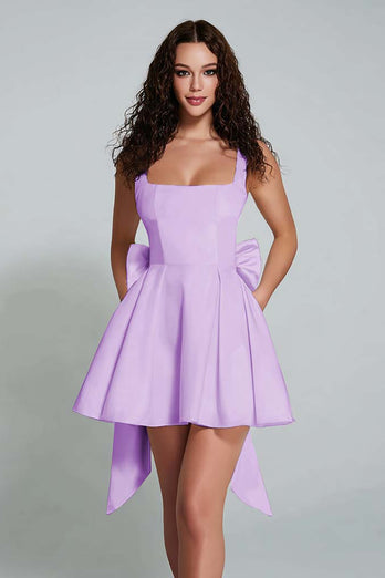 Ivory Satin Square Neck A Line Short Prom Dress with Bow