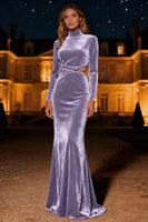 Load image into Gallery viewer, Purple Mermaid High Neck Long Velvet Holiday Party Dress