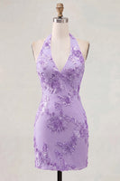 Load image into Gallery viewer, Light Blue Halter Floral Tight Backless Short Prom Dress