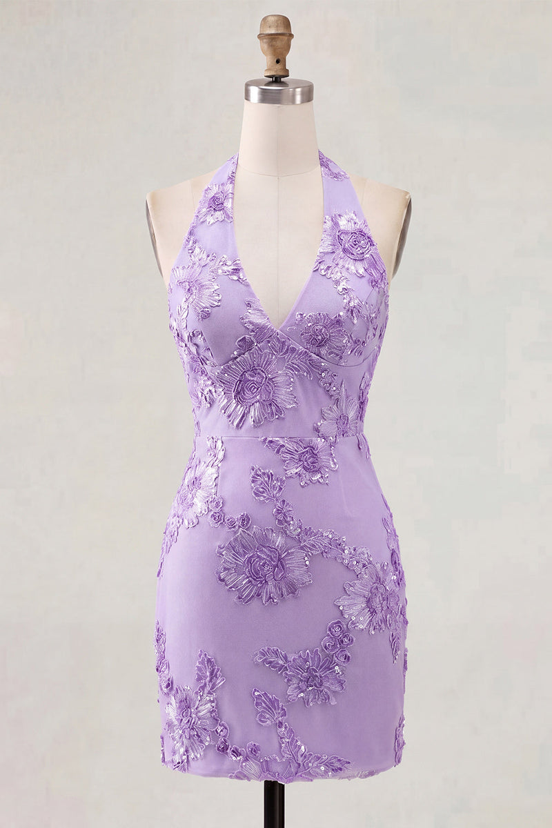 Load image into Gallery viewer, Light Blue Halter Floral Tight Backless Short Prom Dress