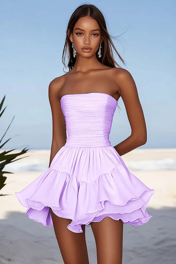 Yellow Chiffon Ruched Mini Party Dress with Ruffles