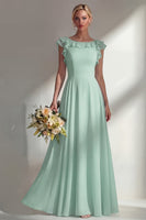 Load image into Gallery viewer, Emerald Boat Neck A Line Long Beach Wedding Guest Dress with Ruffles