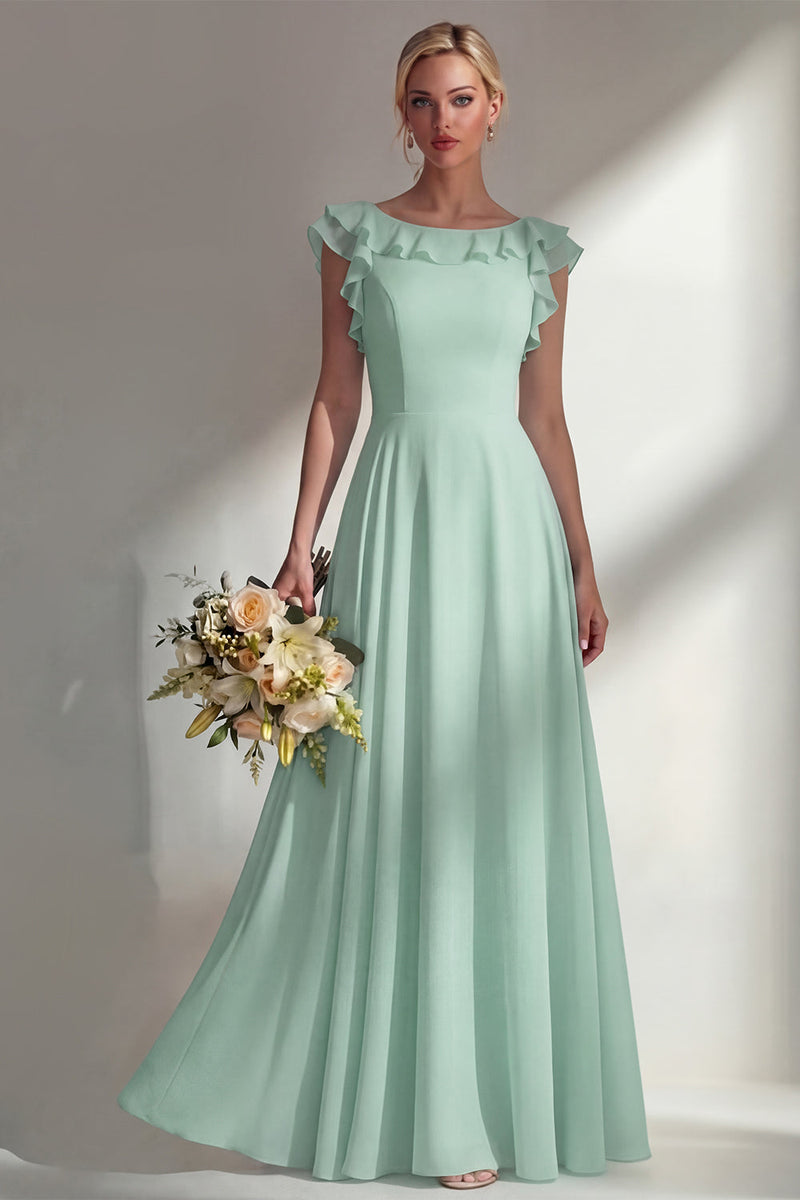 Load image into Gallery viewer, Emerald Boat Neck A Line Long Beach Wedding Guest Dress with Ruffles