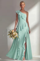 Load image into Gallery viewer, Mint One shoulder Ruffled A Line Long Beach Wedding Guest Dress with Slit