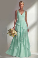 Load image into Gallery viewer, V-Neck Lilac A Line Long Beach Wedding Guest Dress with Ruffles