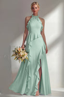 Load image into Gallery viewer, A Line High Neck Butter Yellow Ruffled Long Beach Wedding Guest Dress with Slit
