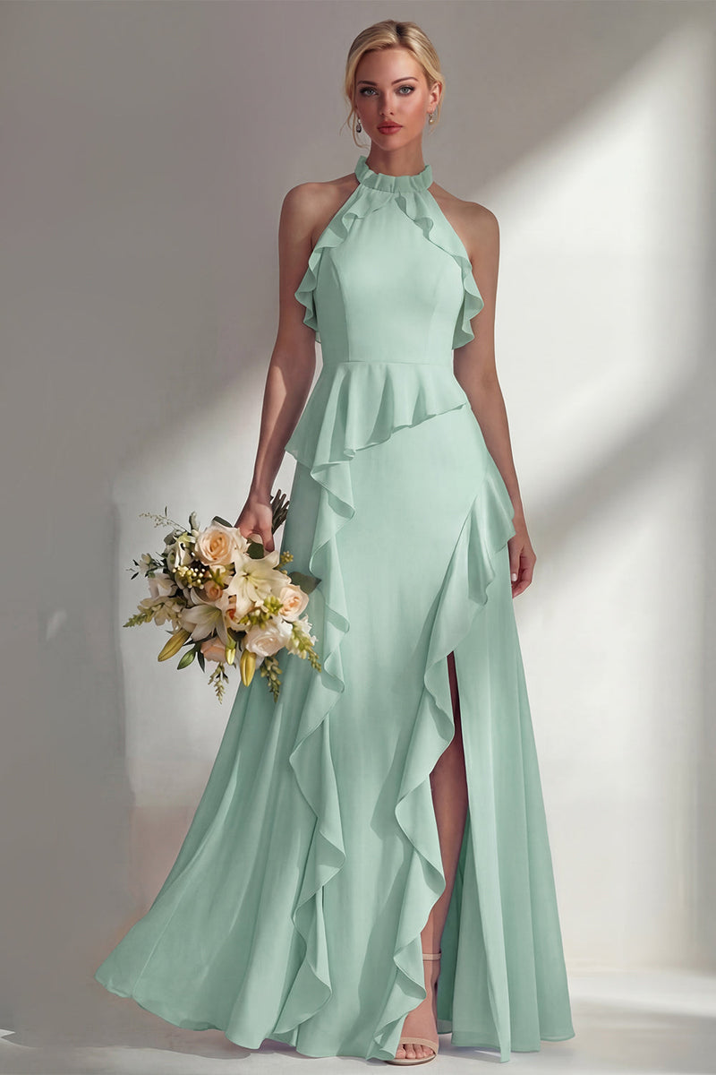 Load image into Gallery viewer, A Line High Neck Butter Yellow Ruffled Long Beach Wedding Guest Dress with Slit