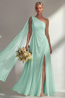 Load image into Gallery viewer, Burgundy One Shoulder Ruched A Line Long Beach Wedding Guest Dress with Side Cape