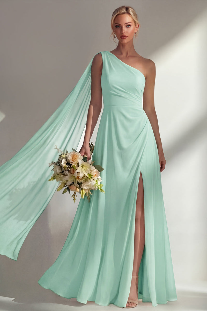 Load image into Gallery viewer, Burgundy One Shoulder Ruched A Line Long Beach Wedding Guest Dress with Side Cape
