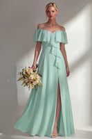 Load image into Gallery viewer, Off the Shoulder Ruffled A Line Burgundy Long Beach Wedding Guest Dress with Slit