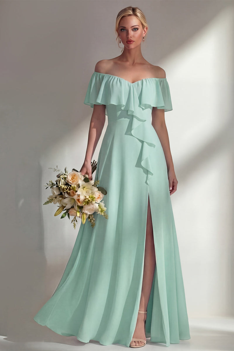 Load image into Gallery viewer, Off the Shoulder Ruffled A Line Burgundy Long Beach Wedding Guest Dress with Slit