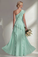 Load image into Gallery viewer, Mint One shoulder Ruffled A Line Long Beach Wedding Guest Dress with Slit