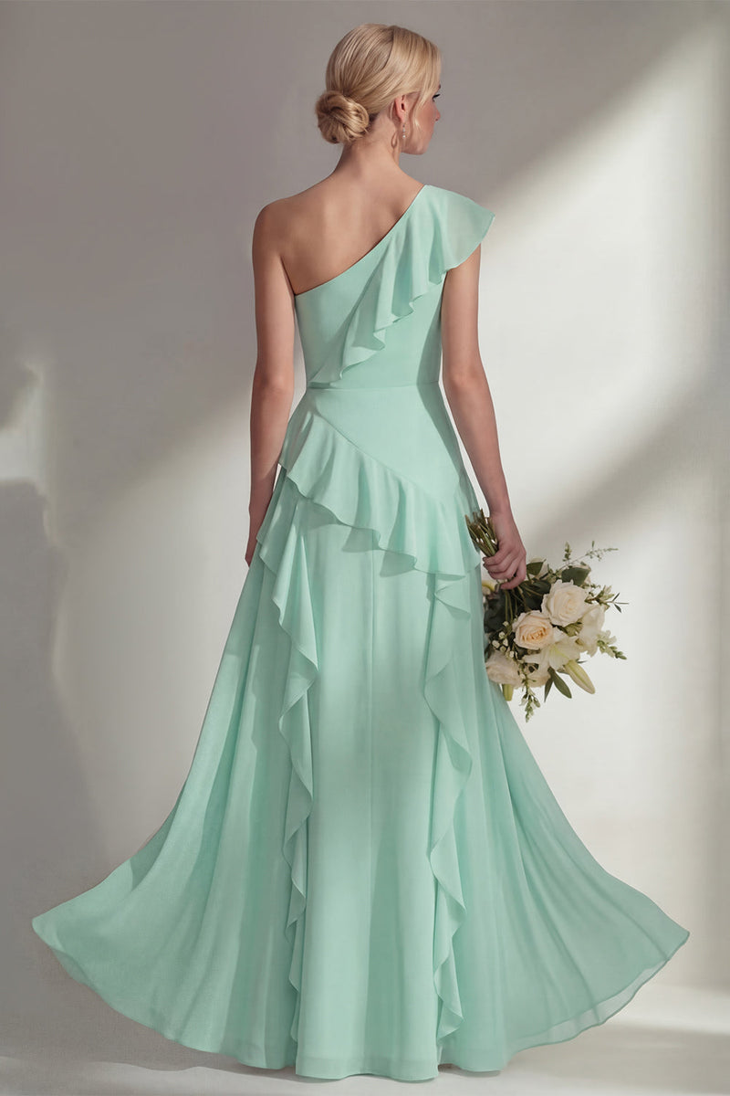 Load image into Gallery viewer, Mint One shoulder Ruffled A Line Long Beach Wedding Guest Dress with Slit