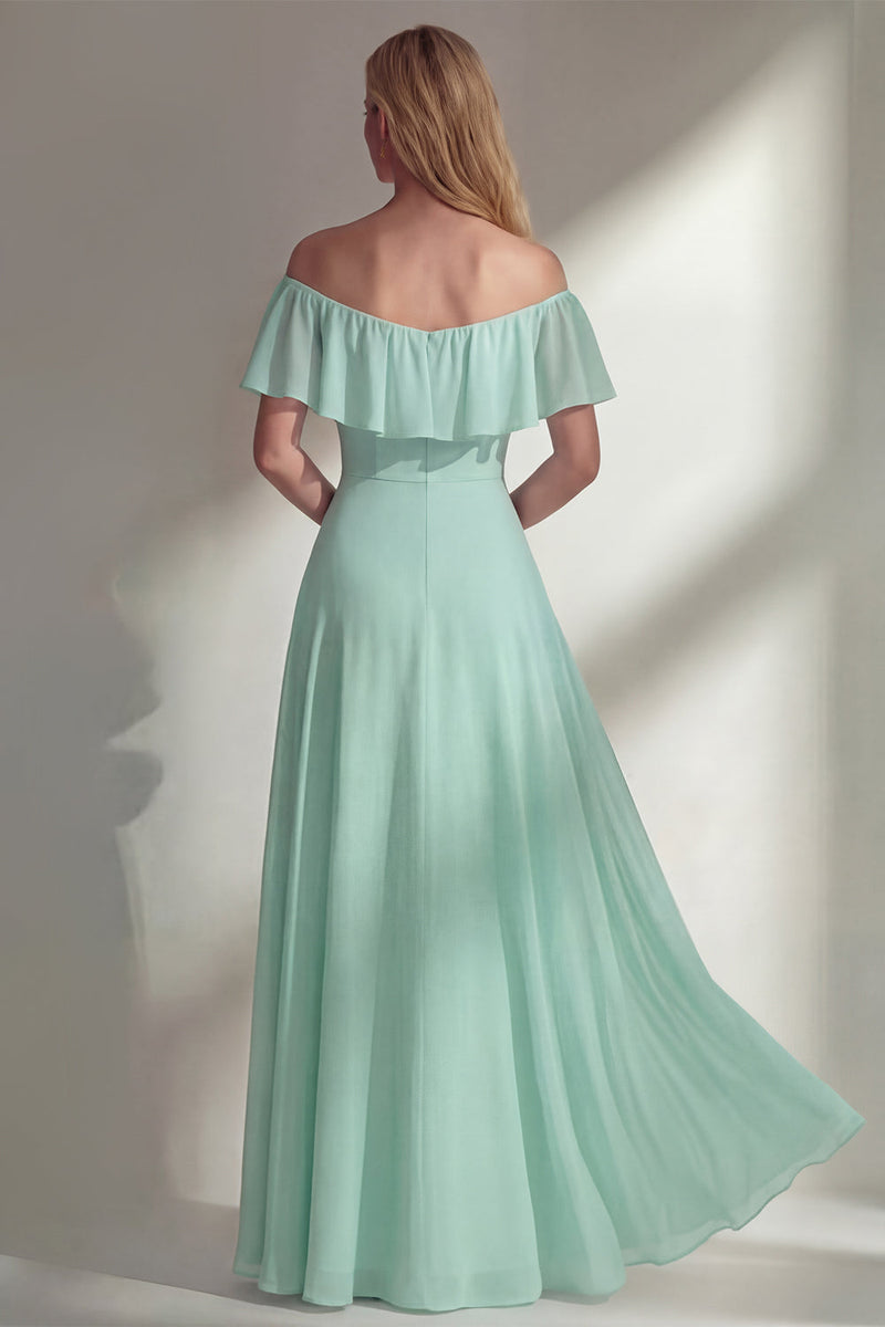 Load image into Gallery viewer, Off the Shoulder Ruffled A Line Burgundy Long Beach Wedding Guest Dress with Slit