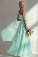 Load image into Gallery viewer, Burgundy One Shoulder Ruched A Line Long Beach Wedding Guest Dress with Side Cape