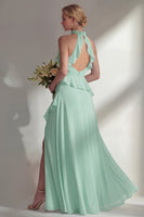 Load image into Gallery viewer, A Line High Neck Butter Yellow Ruffled Long Beach Wedding Guest Dress with Slit