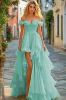 Load image into Gallery viewer, Yellow A Line Tiered Off the Shoulder Long Asymmetrical Prom Dress