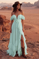 Load image into Gallery viewer, Ivory A Line Off the Shoulder Maxi Beach Wedding Dress with Ruffles