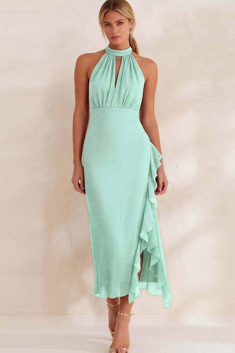 Load image into Gallery viewer, Navy Chiffon Ruffled Halter Ankle Length Work Dress with Slit