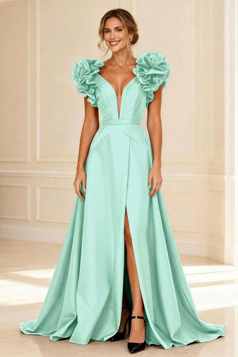 Load image into Gallery viewer, Black V-Neck A-Line Long Mother of the Bride Dress with Ruffles