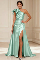 Load image into Gallery viewer, One Shoulder Silver A Line Long Mother of the Bride Dress with Bow