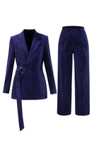 Load image into Gallery viewer, Peacock Blue Stripe Notched Lapel 2 Pieces Women Party Suits with Belt