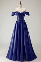 Load image into Gallery viewer, Sparkly Purple A Line Beaded Satin Long Corset Prom Dress with Slit