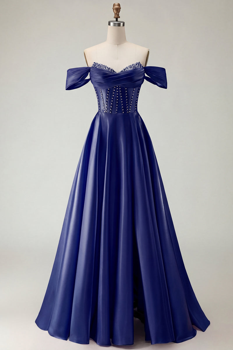 Load image into Gallery viewer, Sparkly Purple A Line Beaded Satin Long Corset Prom Dress with Slit