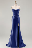 Load image into Gallery viewer, Dark Green Strapless Satin Mermaid Long Corset Prom Dress with Slit