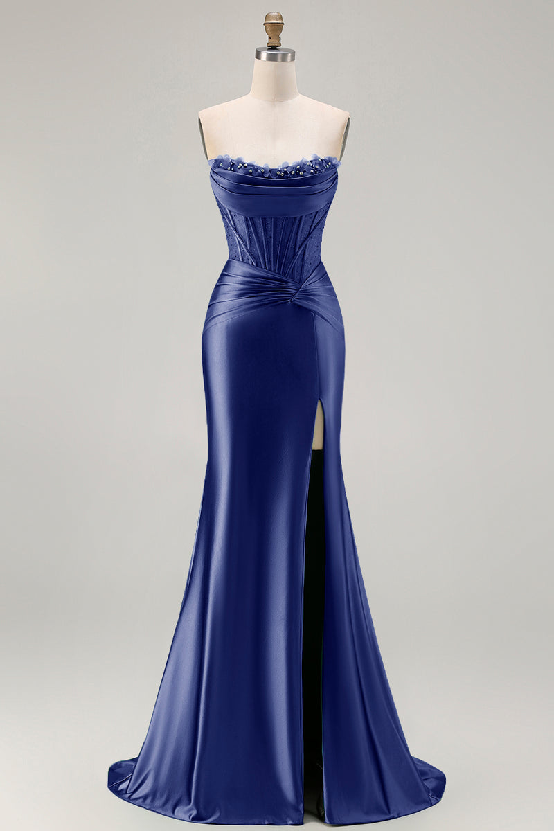 Load image into Gallery viewer, Dark Green Strapless Satin Mermaid Long Corset Prom Dress with Slit