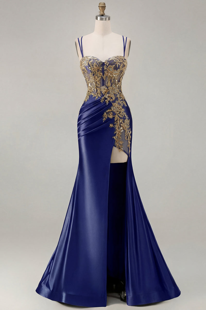 Load image into Gallery viewer, Sparkly Black Satin Floral Appliqued Long Corset Prom Dress with Slit