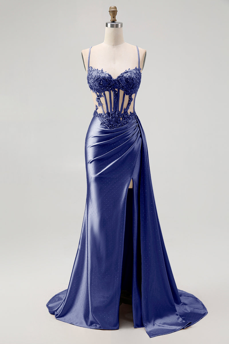 Load image into Gallery viewer, Sparkly Champagne Mermaid Satin Spaghetti Straps Long Prom Dress with Beading
