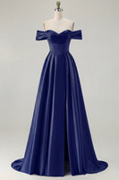 Load image into Gallery viewer, Blue A Line Off the Shoulder Satin Long Prom Dress with Slit