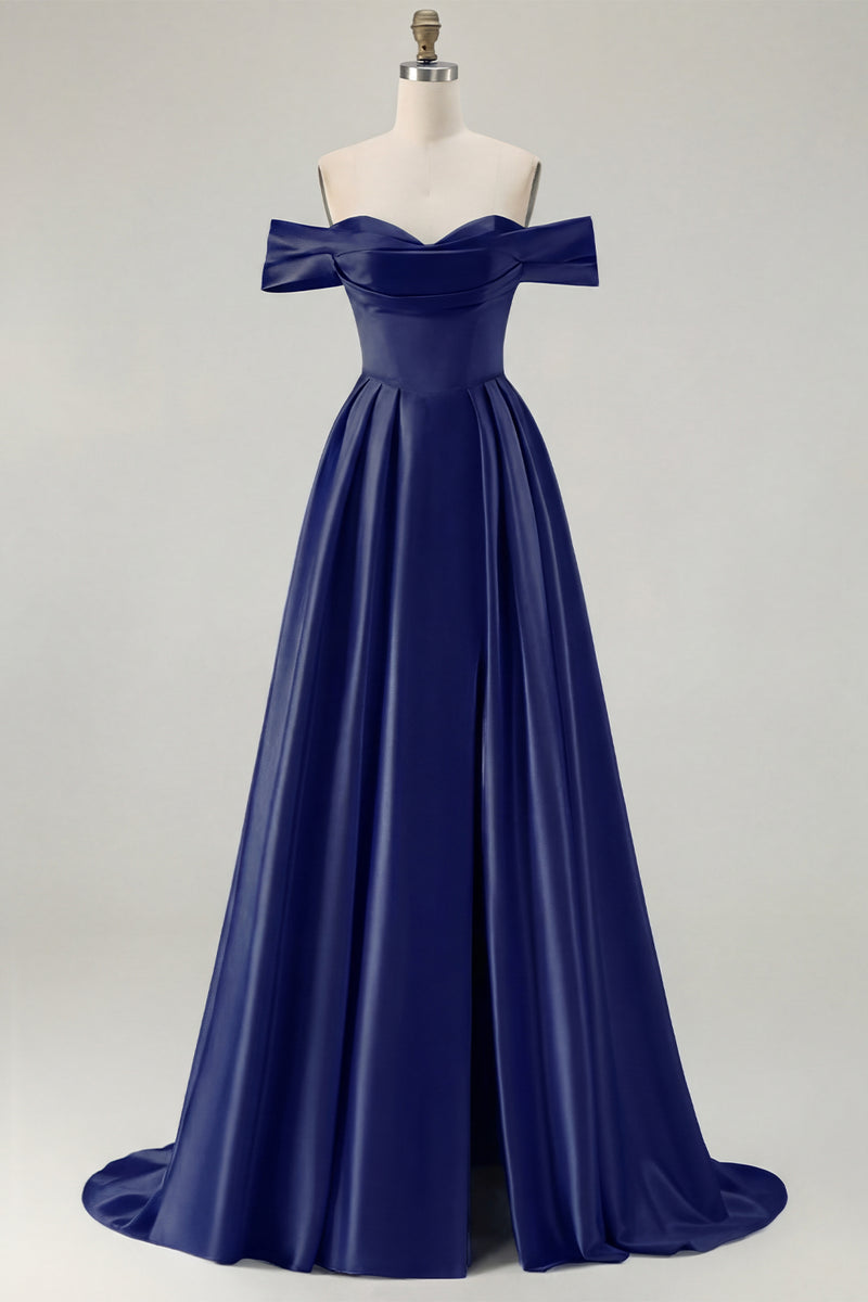 Load image into Gallery viewer, Blue A Line Off the Shoulder Satin Long Prom Dress with Slit
