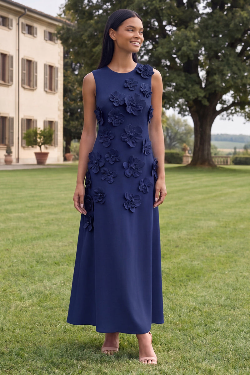 Load image into Gallery viewer, Hot Pink A Line Floral Round Neck Maxi Formal Dress
