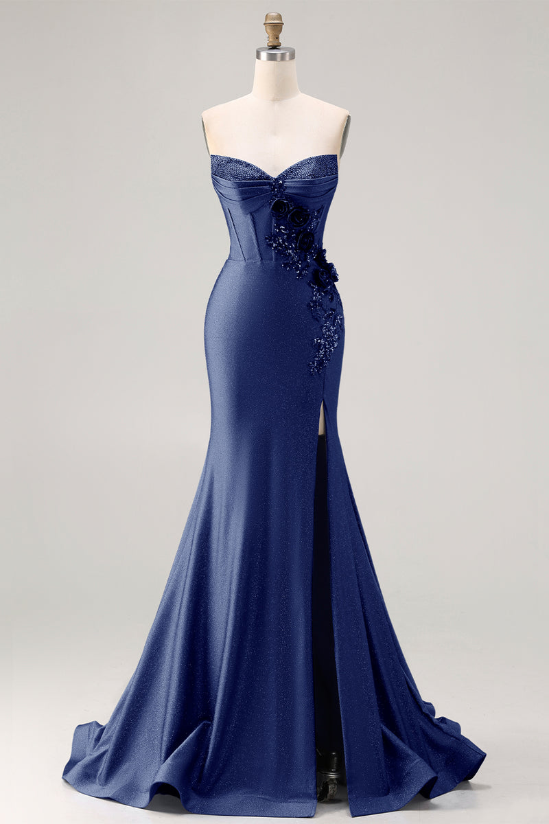 Load image into Gallery viewer, Sparkly Royal Blue Beaded Mermaid Long Corset Prom Dress with Appliques