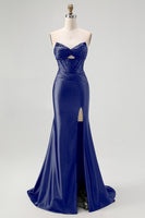 Load image into Gallery viewer, Sparkly Black Mermaid Sweetheart Satin Long Corset Prom Dress with Beading