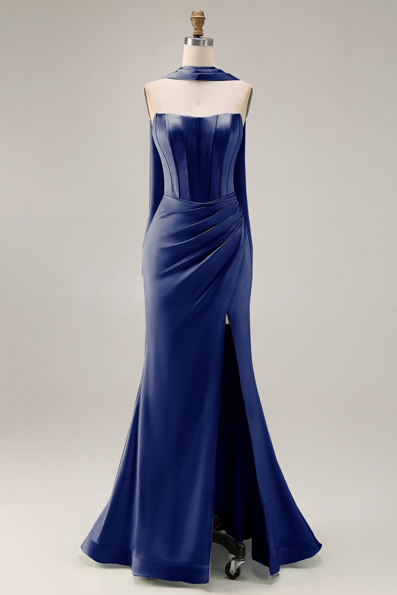 Load image into Gallery viewer, Mermaid Light Green Corset Neck Scarf Long Prom Dress with Slit