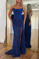 Load image into Gallery viewer, Red Lace Corset Mermaid Strapless Long Prom Dress with Bow