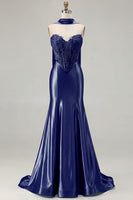 Load image into Gallery viewer, Blue Satin Sweetheart Mermaid Long Corset Prom Dress
