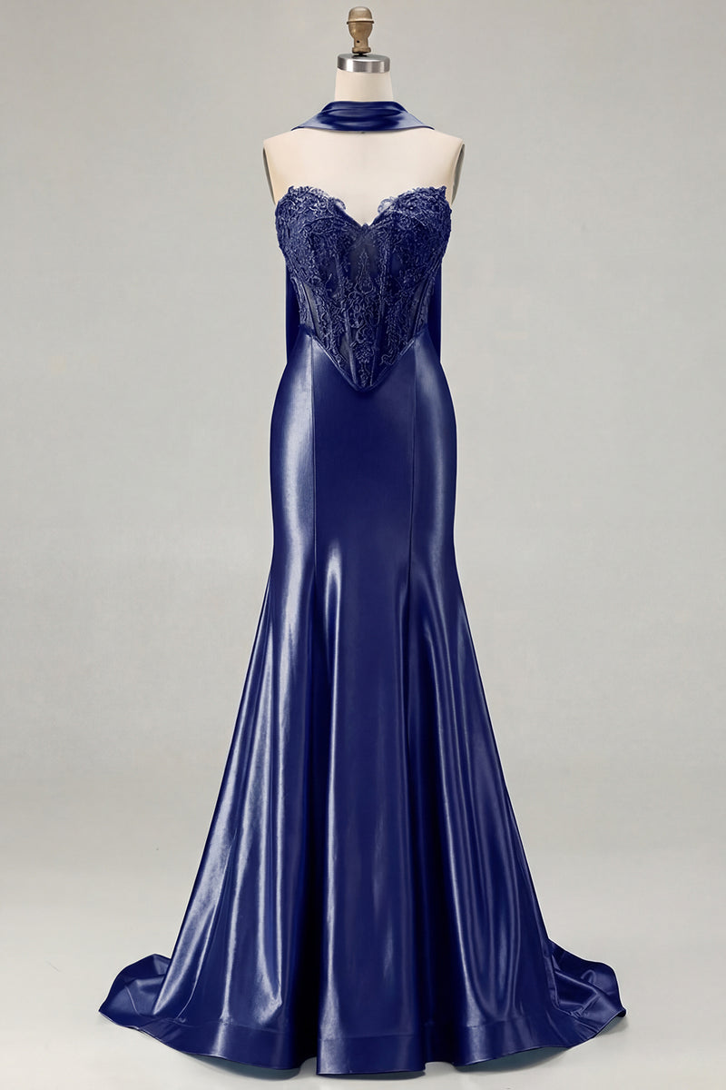 Load image into Gallery viewer, Blue Satin Sweetheart Mermaid Long Corset Prom Dress