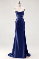 Load image into Gallery viewer, Sparkly Red Mermaid Satin Beaded Long Corset Prom Dress with Slit