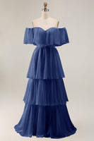 Load image into Gallery viewer, White Chiffon Off the Shoulder Tiered Boho Sweep Train Wedding Dress