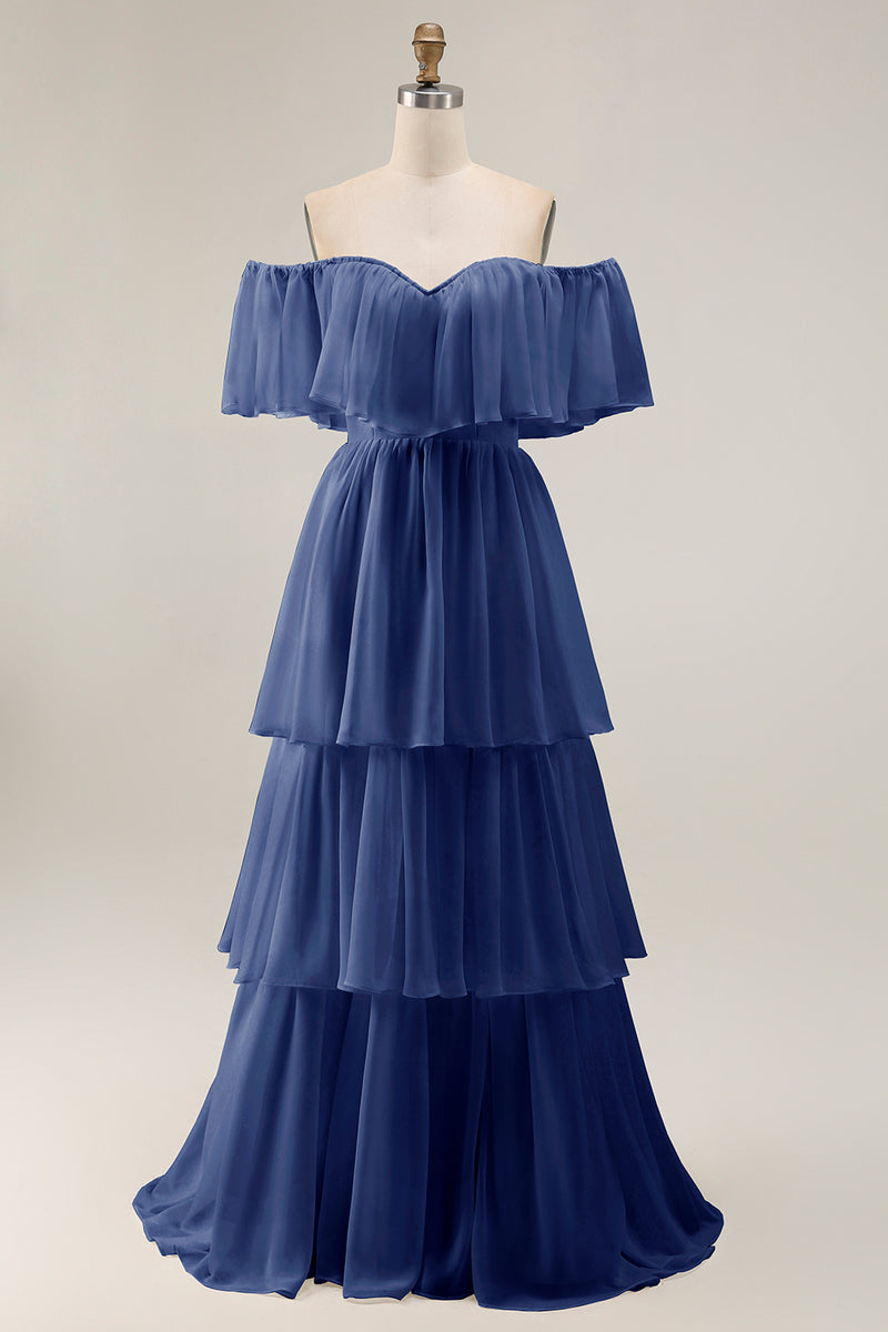 Load image into Gallery viewer, White Chiffon Off the Shoulder Tiered Boho Sweep Train Wedding Dress