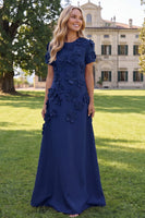 Load image into Gallery viewer, Round Neck Blue Floral A Line Long Formal Dress with Sleeves