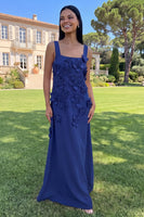 Load image into Gallery viewer, Navy Floral A Line Square Neck Maxi Formal Dress