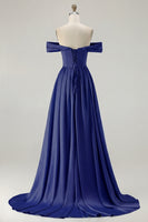 Load image into Gallery viewer, Blue A Line Off the Shoulder Satin Long Prom Dress with Slit
