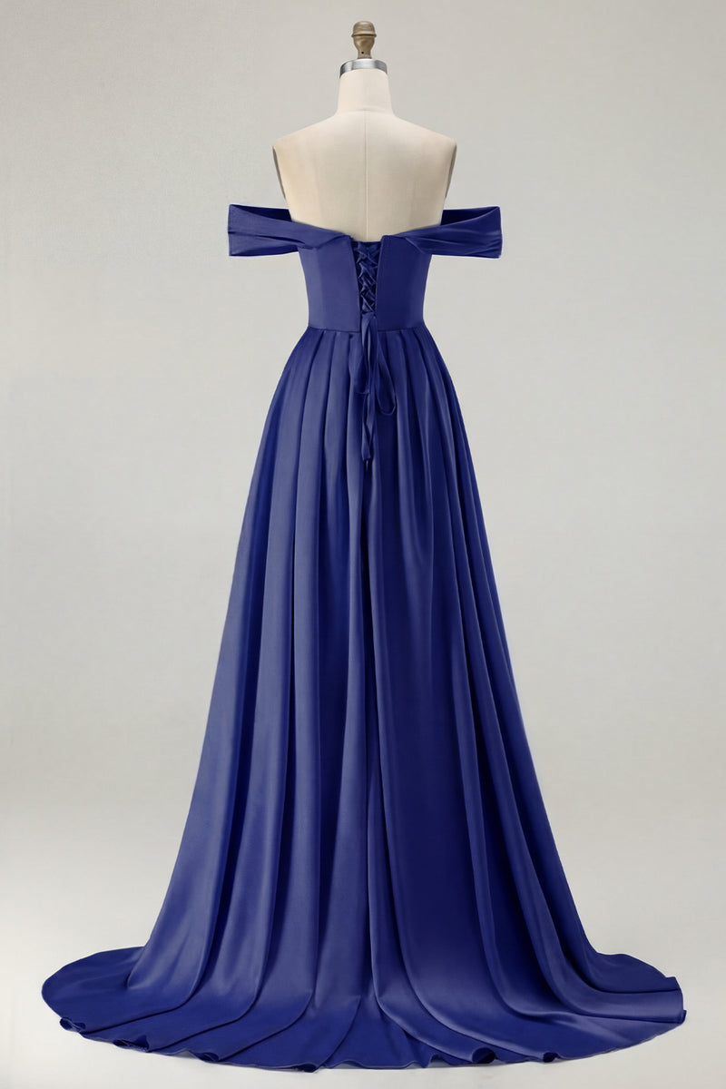 Load image into Gallery viewer, Blue A Line Off the Shoulder Satin Long Prom Dress with Slit