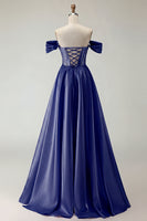 Load image into Gallery viewer, Sparkly Purple A Line Beaded Satin Long Corset Prom Dress with Slit
